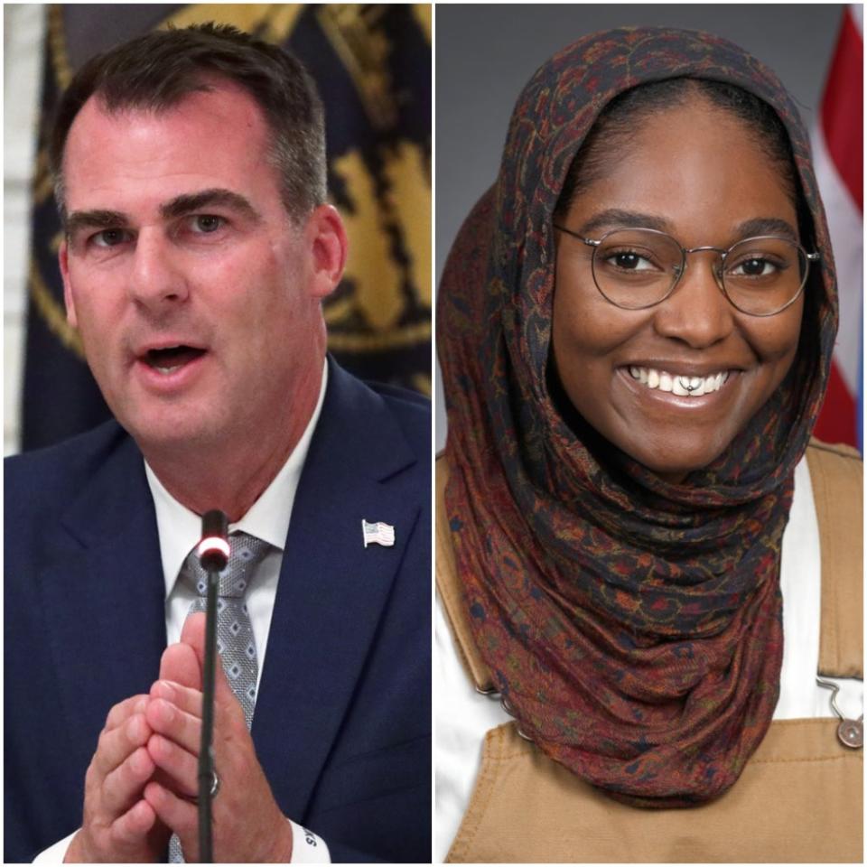 Oklahoma Governor Kevin Stitt, left, has vowed to reject a state Health Department directive allowing nonbinary people to amend their birth certificates, a move supported by Democratic state lawmaker Mauree Turner, right, who is nonbinary. (Getty Images / Oklahoma House of Representatives)