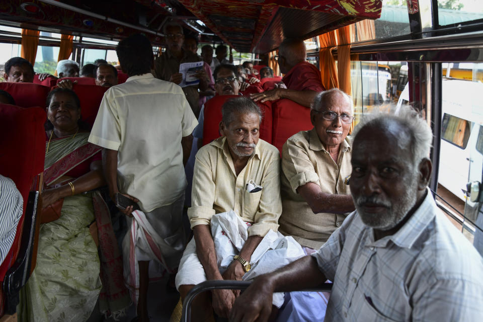 Pensioners leave in a bus after their meeting in Piravom, Kerala state, India, March 31, 2023. In the last 60 years, the percentage of those aged 60 and over in India's Kerala state has shot up from 5.1% to 16.5% — the highest proportion in any state. This makes Kerala an outlier in a country with a rapidly growing population, soon to be the world’s most populous at 1.4 billion. (AP Photo/R S Iyer)