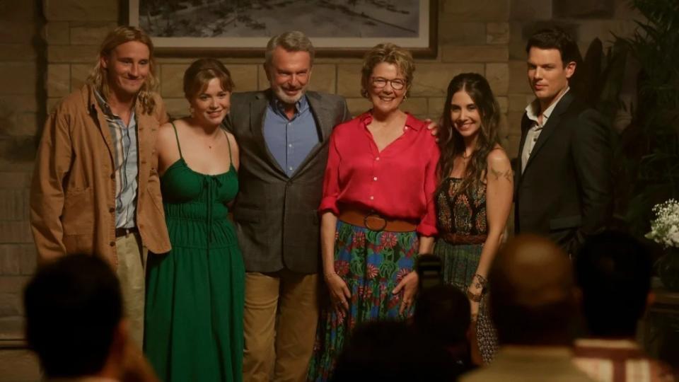 From left to right: Conor Merrigan-Turner, Essie Randles, Sam Neill, Annette Bening, Alison Brie and Jake Lacy in “Apples Never Fall” (Peacock)