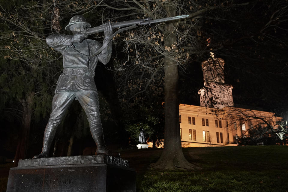 The statue of World War I hero Sgt. Alvin C. York stands on the grounds of the Tennessee State Capitol Tuesday, March 16, 2021, in Nashville, Tenn. The claim in Pennsylvania state Sen. Doug Mastriano's 2014 book about York, that a 1918 U.S. Army's signal corps photo was mislabeled and actually shows York with three German officers he captured, has been disputed by rival researchers. (AP Photo/Mark Humphrey)