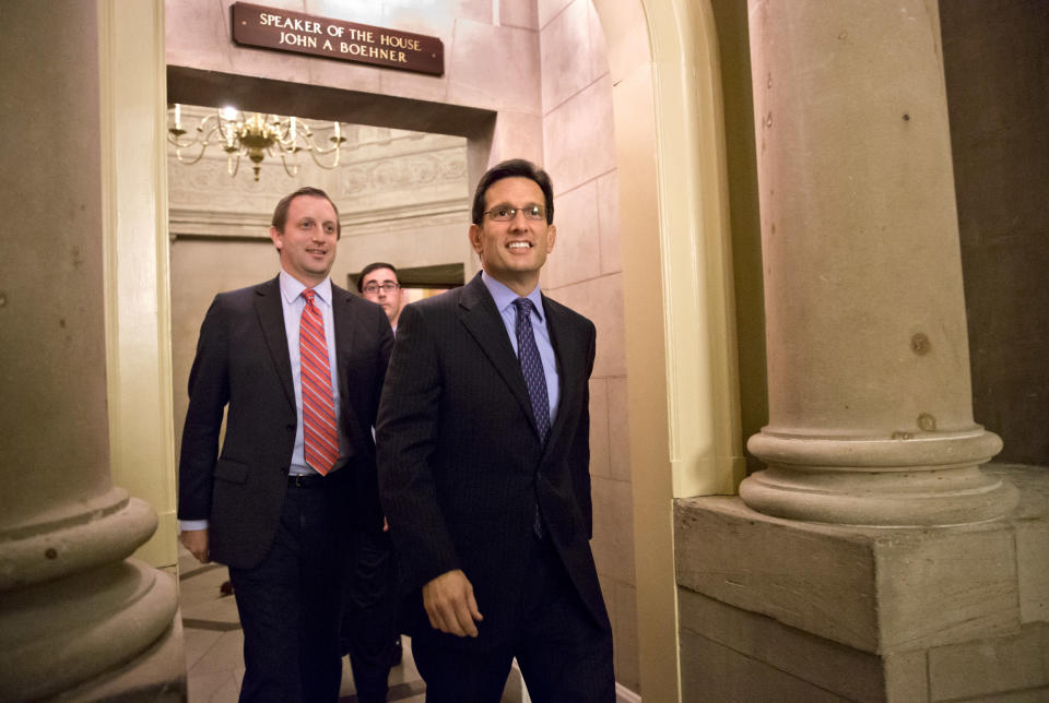 House Majority Leader Eric Cantor, R-Va., walks to the floor during a vote at the Capitol in Washington, Monday, Oct. 14, 2013, as a partial government shutdown enters its third week. (AP Photo/J. Scott Applewhite)
