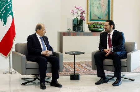 Lebanon's President Michel Aoun meets with Lebanese Prime Minister-designate Saad al-Hariri at the presidential palace in Baabda, Lebanon June 22, 2018. REUTERS/Mohamed Azakir