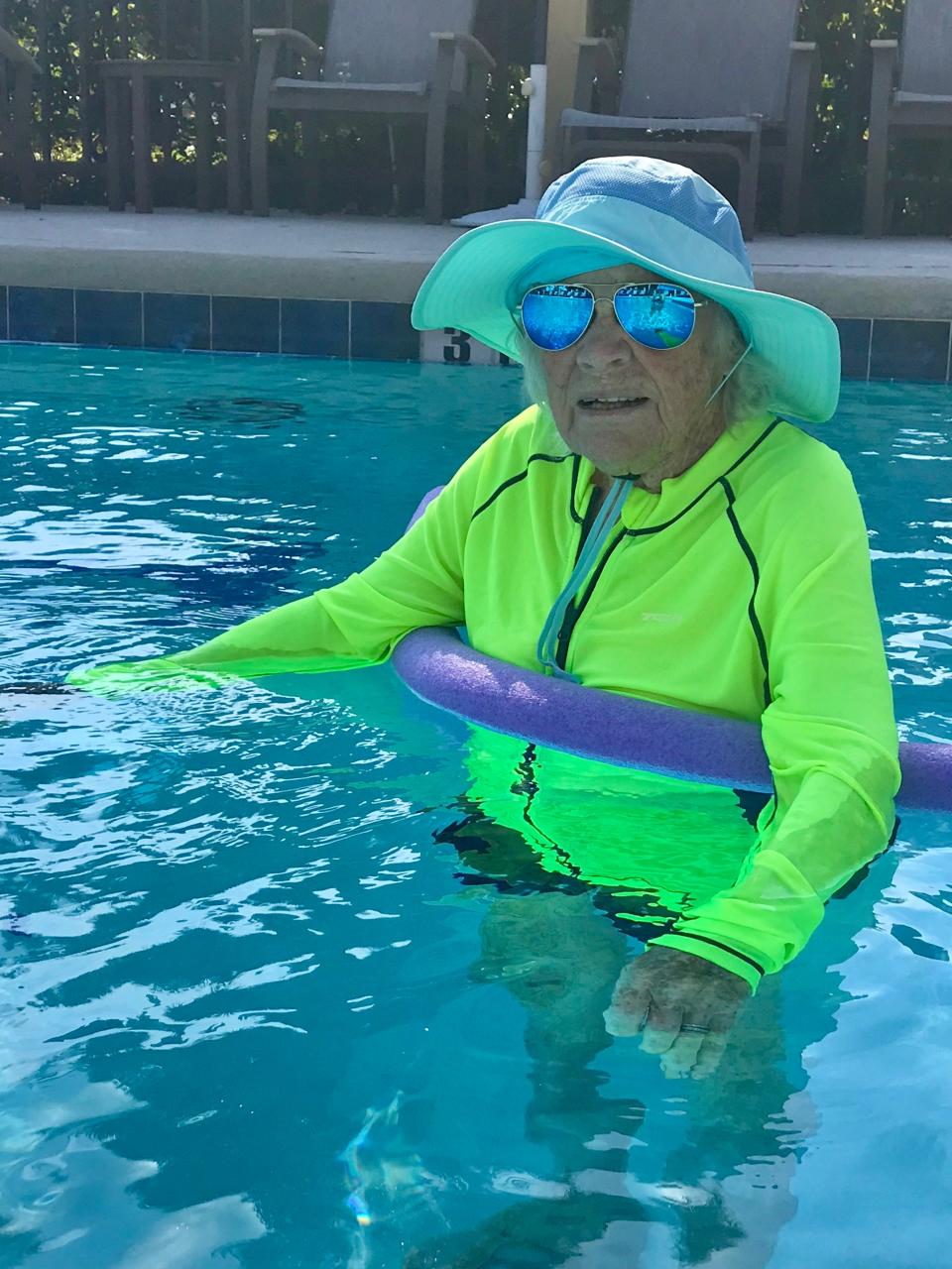 Bobbie West, 107, back at the pool at Vicar's Landing retirement center after a few days in the hospital. On her most recent birthday, the aquatic center was renamed in her honor.