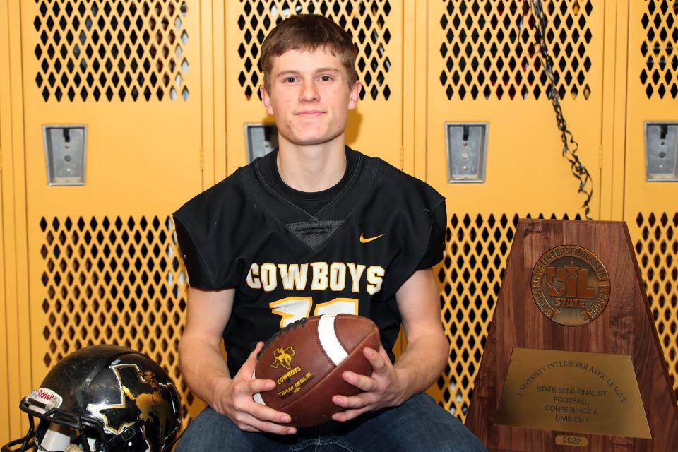 Happy’s Tryce Johnson was named the Amarillo Globe-News Six-Man Football Player of the Year. He’s posed Wednesday, Feb. 1, 2023 inside Happy High School gymnasium in Happy, Texas.