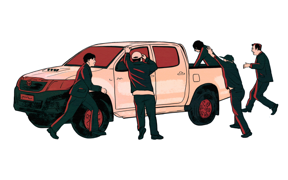 An illustration showing survivors of the shooting flee the ballroom into a truck.