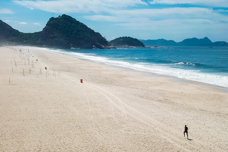 RIO DE JANEIRO, BRAZIL - March 29: An aerial view of Copacabana beach, now desolate because of the coronavirus (COVID-19) pandemic. (Photo by Buda Mendes/Getty Images)