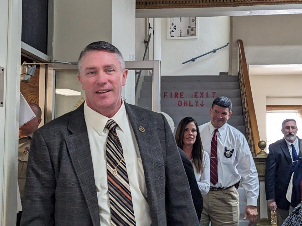 Clay County Sheriff Jeffrey Lyde is seen Thursday morning during a break at the Montague County Courthouse before the proceedings became tense. In the afternoon, a judge ruled to suspend Lyde.