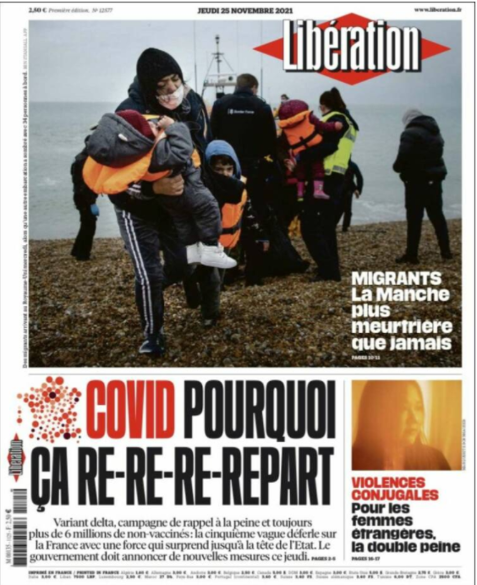 The front page of French daily newspaper Libération on Thursday November 25, following the tragedy in the Channel (Liberation)