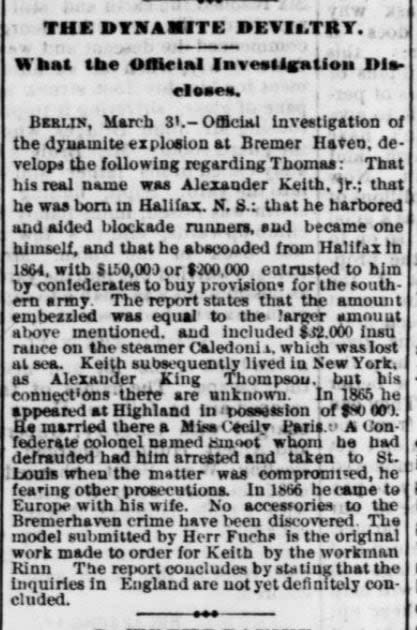 The explosion in Bremen made the newspapers around the world, including this story on page one of the Atlanta Constitution in 1876.