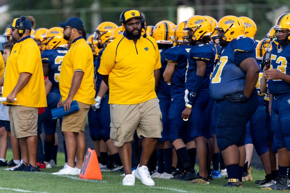 Riley head coach Darrick  Lee Jr. on the sidelines during the South Bend Adams-South Bend Riley high school football game on Friday, September 02, 2022, at Jackson Field in South Bend, Indiana.