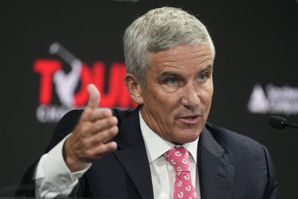 PGA Tour Commissioner Jay Monahan gestures during a press conference at East Lake Golf Club prior to the start of the Tour Championship golf tournament Wednesday Aug 24, 2022, in Atlanta, Ga. (AP Photo/Steve Helber)