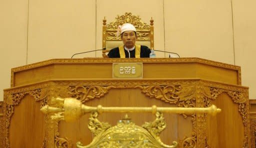 Myanamr's parliamentary speaker Shwe Man addresses lawmakers in Naypyidaw. Myanmar opposition leader Aung San Suu Kyi made her historic parliamentary debut Monday, marking a new phase in her near quarter century struggle to bring democracy to her army-dominated homeland