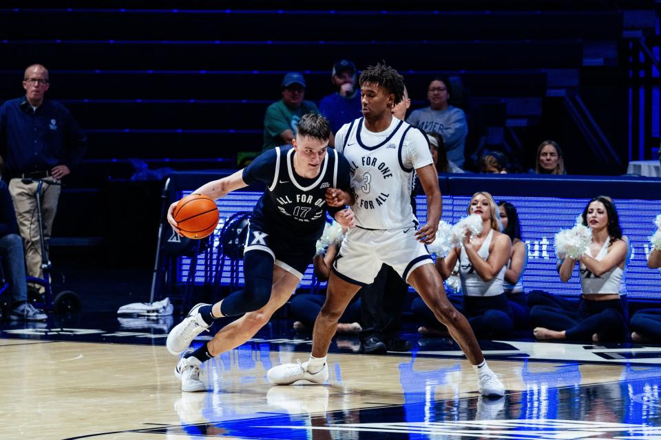 Forward Lazar Djokovic (left) scored 13 second-half points to lead Xavier Blue past Xavier White, 74-60, at Musketeer Tip-Off on Friday, Oct. 13, 2023.