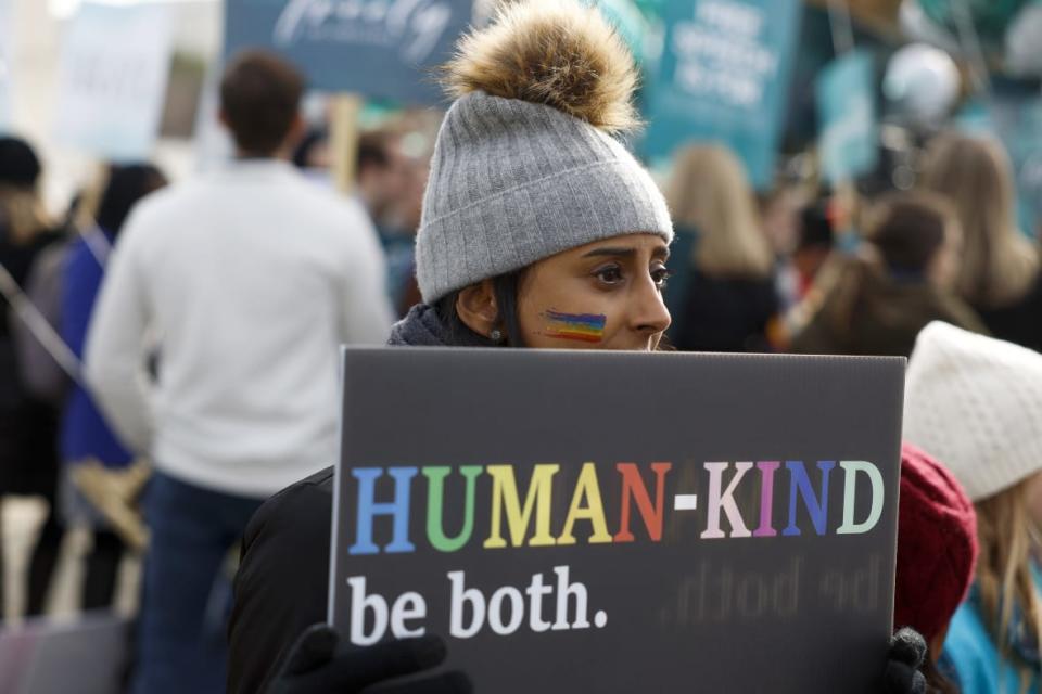 A gay rights supporter demonstrates in front of the Supreme Court building in Washington in December. The head of the LGBTQ+ advocacy group Human Rights Campaign said recent bills and laws pose a threat to the community. (Photo: Anna Moneymaker/Getty Images)