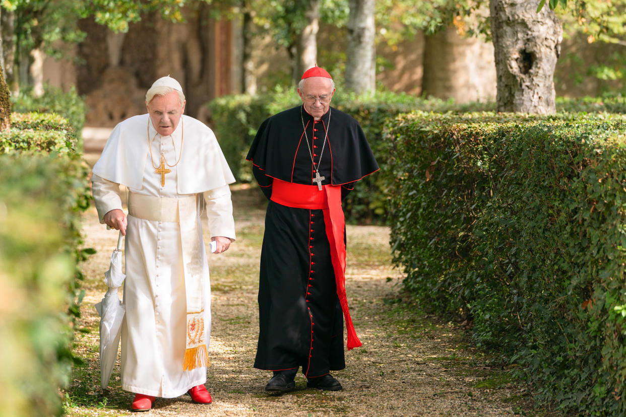 Anthony Hopkins and Jonathan Pryce in "The Two Popes." (Photo: Netflix/Peter Mountain)