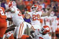 Clemson's B.T. Potter (29) watches his field goal during the fourth quarter of the team's NCAA football game against Syracuse in Syracuse, N.Y., Friday, Oct. 15, 2021. (AP Photo/Joshua Bessex)