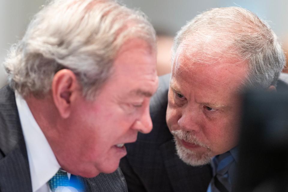 Prosecutor Creighton Waters whispers to defense attorney Dick Harpootlian during Alex Murdaugh’s trial for murder at the Colleton County Courthouse on Thursday, February 16, 2023. Joshua Boucher/The State/Pool