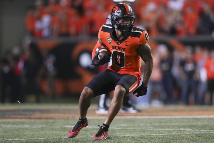 Oregon State wide receiver Tre'Shaun Harrison carries against Southern California during the second half of an NCAA college football game Saturday, Sept. 24, 2022, in Corvallis, Ore. Southern California won 17-14. (AP Photo/Amanda Loman)