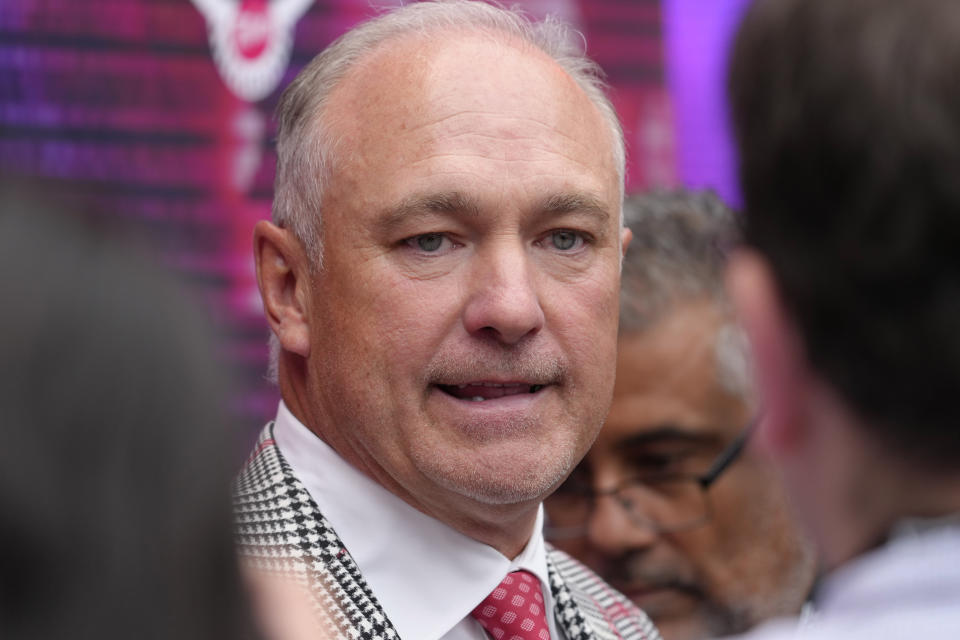 FILE - Texas Tech head coach Joey McGuire answers questions from the media during the Big 12 NCAA college football media days in Las Vegas, July 9, 2024. (AP Photo/Lucas Peltier, file)