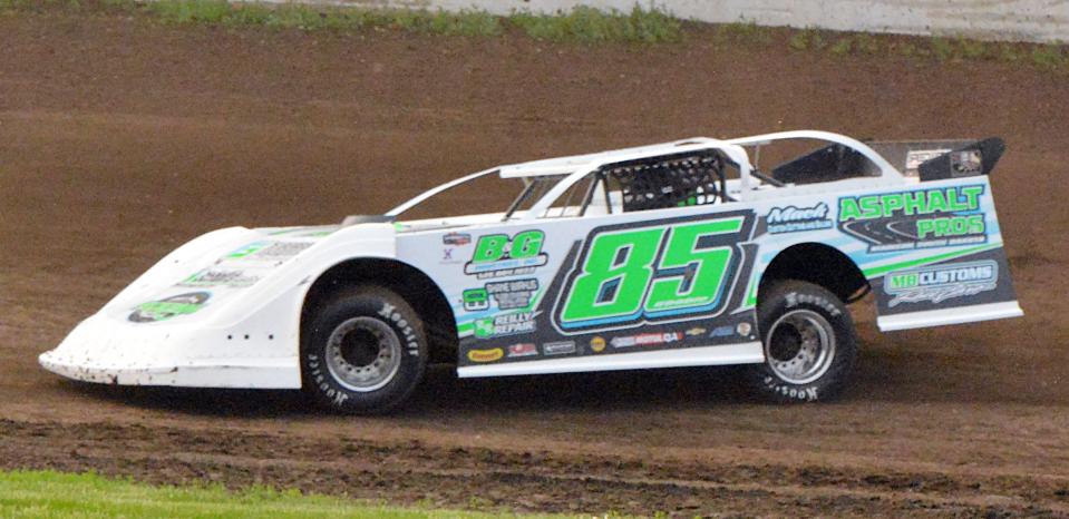 Late model driver Jayson Good of Watertown heads to the finish line in a heat race during the season-opening racing program at Casino Speedway in May. Good won the late model feature at the track on Sunday, June 17, 2023.