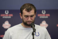 Indianapolis Colts quarterback Andrew Luck speaks during a news conference following the team's NFL preseason football game against the Chicago Bears, Saturday, Aug. 24, 2019, in Indianapolis. The oft-injured star is retiring at age 29. (AP Photo/Michael Conroy)