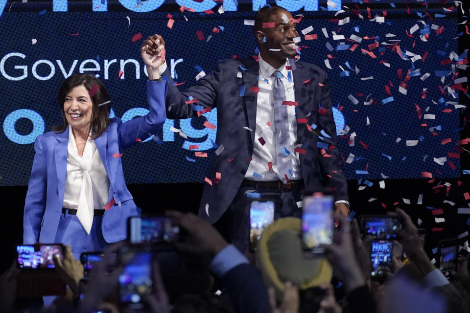 New York Gov. Kathy Hochul stands with Lt. Gov. Antonio Delgado during their election night party, Tuesday, Nov. 8, 2022, in New York. (AP Photo/Mary Altaffer)