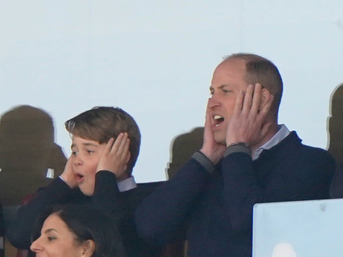 Prince William and Prince George have identical reactions during Premier League match at Villa Park, Birmingham in 2023 (PA)