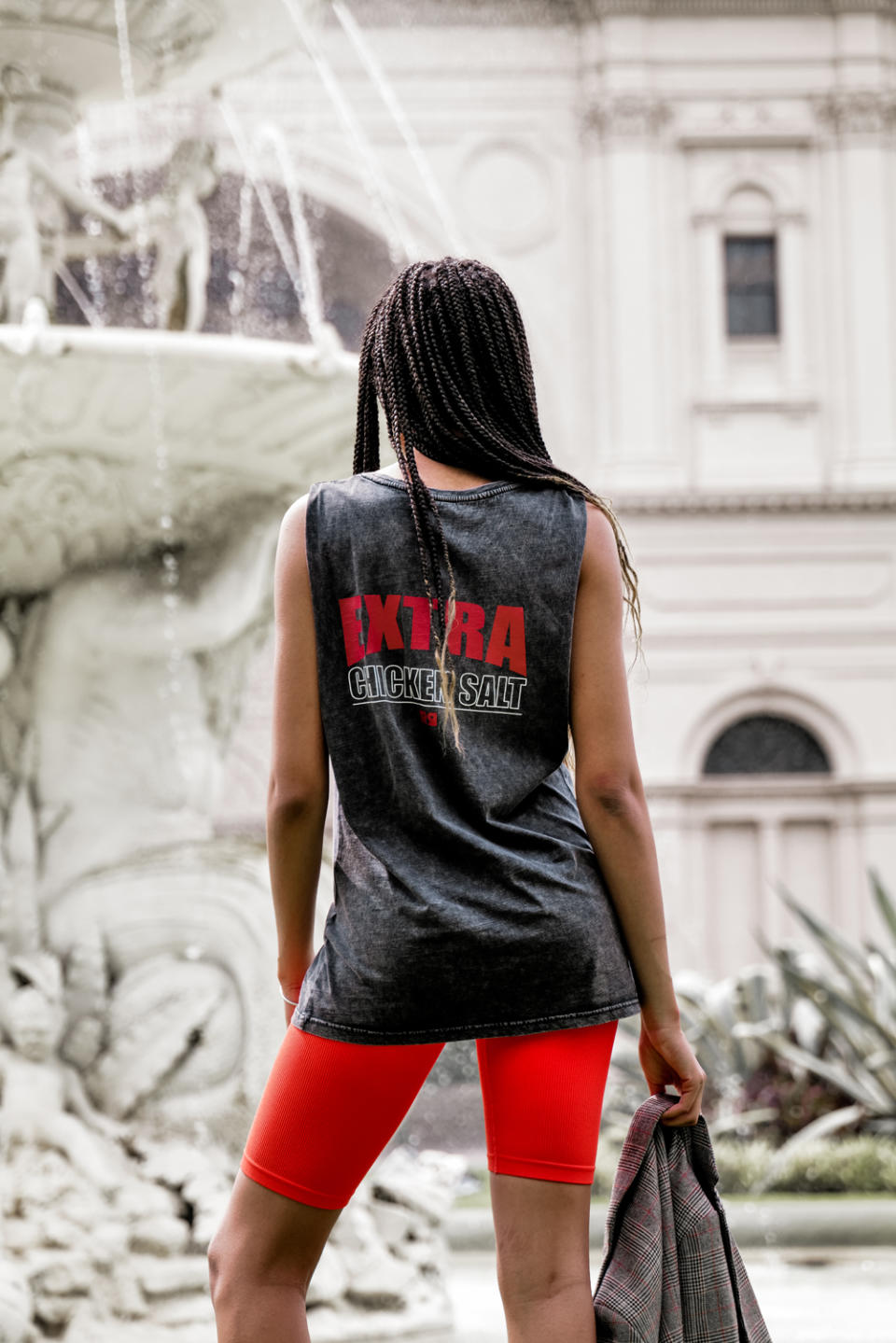 Model in Reds Extra Chicken Salt Tank Top