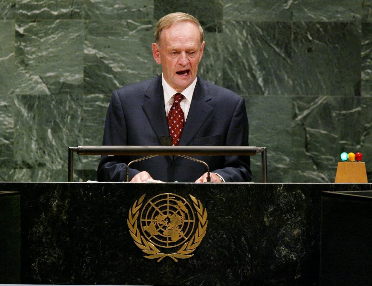 On Sept. 23, 2003, Prime Minister Jean Chrétien addresses the United Nations General Assembly in New York City. At the time, his government was quietly working with Australia on a substitute draft Declaration on the Rights of Indigenous Peoples. (Andrew Vaughan/Canadian Press - image credit)
