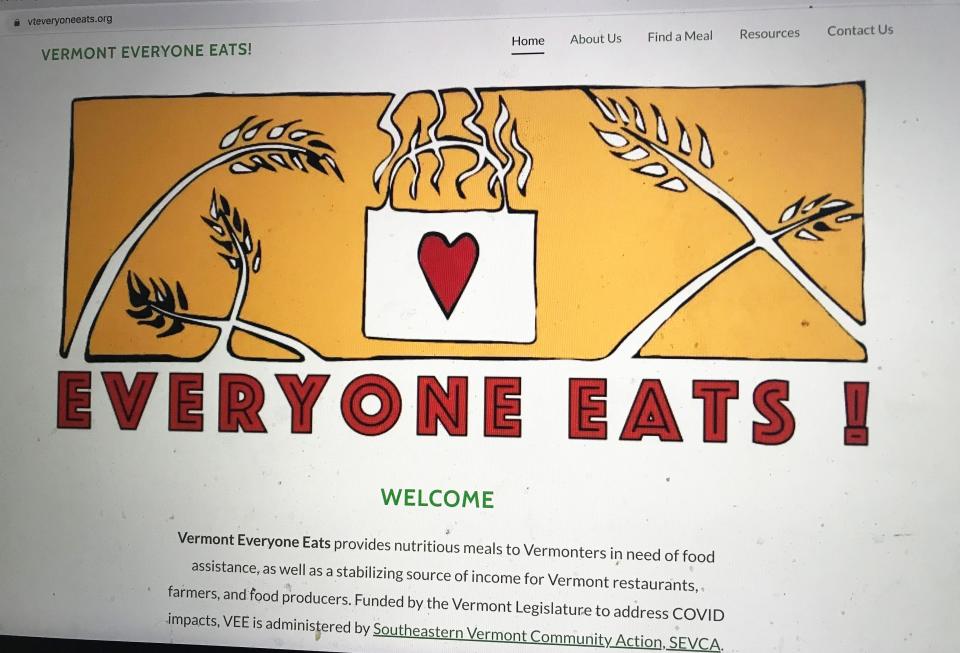 The front page of Vermont Everyone Eats, a program started during the pandemic to proide meals to Vermonters facing food assistance by partnering with local restaurants and food producers.