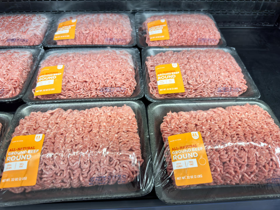 Packages of ground beef in a grocery store