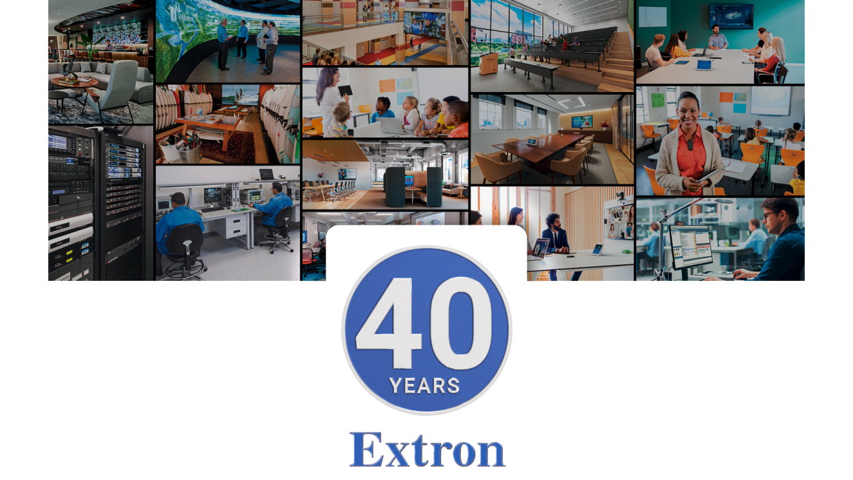  A collage celebrating 40 years of Extron in Pro AV. . 
