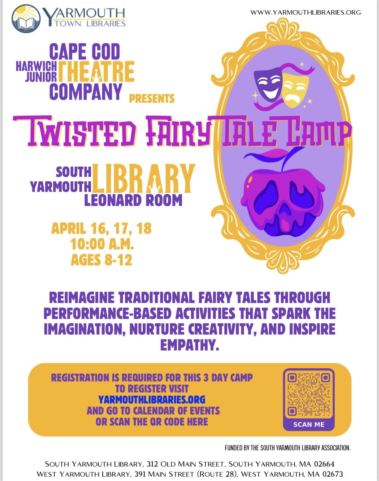Poster for Twisted Fairy Tale Camp at the South Yarmouth Library, hosted by the Harwich Jr Theatre.