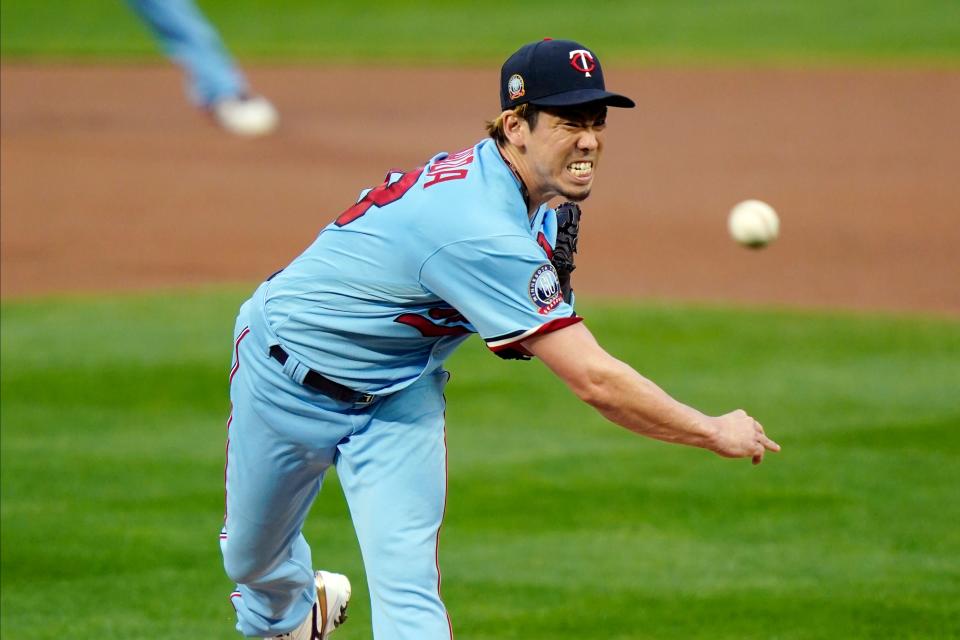 Minnesota Twins pitcher Kenta Maeda throws to a Detroit Tigers batter during the first inning of a baseball game Wednesday, Sept. 23, 2020, in Minneapolis.