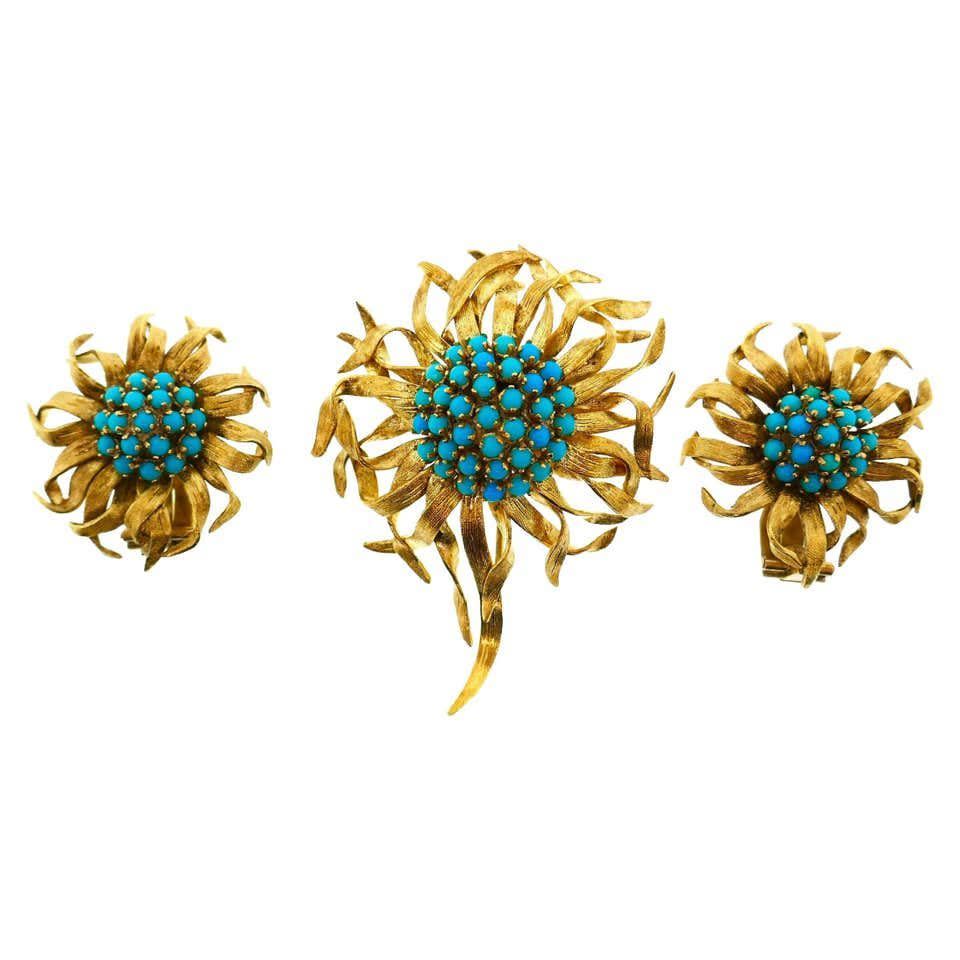 <p><strong>Cartier</strong></p><p>1stdibs.com</p><p><a href="https://www.1stdibs.com/jewelry/earrings/clip-on-earrings/cartier-paris-18-karat-yellow-gold-turquoise-flower-brooch-earrings-set/id-j_5202072/" rel="nofollow noopener" target="_blank" data-ylk="slk:Discover;elm:context_link;itc:0;sec:content-canvas" class="link ">Discover</a></p><p>This whimsical and playful turquoise floral-inspired brooch-and-earring pair was created during the 1940s at the Paris branch of <a href="https://www.cartier.com" rel="nofollow noopener" target="_blank" data-ylk="slk:Cartier;elm:context_link;itc:0;sec:content-canvas" class="link ">Cartier</a>. Pieces created during this decade are rather rare, making this set even more desirable. </p>