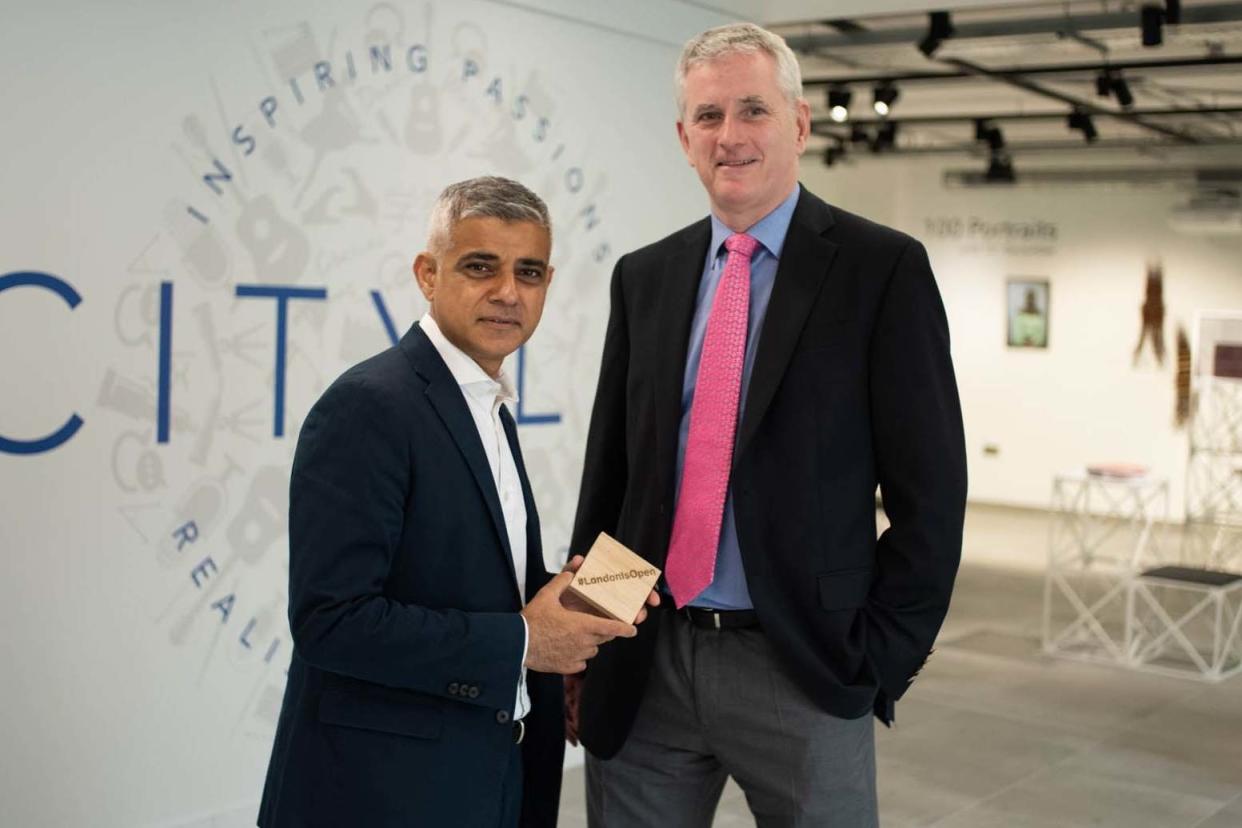 Head of City Lit college Mark Malcomson with Sadiq Khan: Michael Harding