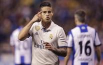 Football Soccer- Spanish La Liga Santander - Deportivo v Real Madrid - Riazor stadium, A Coruna, Spain - 26/04/17 Real Madrid's James Rodriguez celebrates a goal. REUTERS/Miguel Vidal