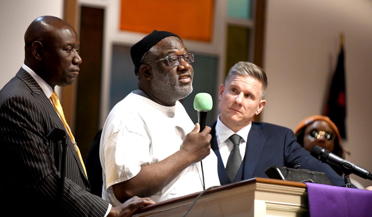 John Tyson, brother of Frank E. Tyson, speaks while joining civil rights attorney Ben Crump and attorney Bobby DiCello at a press conference at St. Paul AME Church in Canton. Tyson died April 18 after being arrested by Canton police.