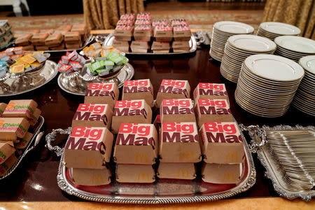 Fast food hamburgers from the chain McDonald's are provided due to the partial government shutdown as the 2018 College Football Playoff National Champion Clemson Tigers are welcomed in the State Dining Room of the White House in Washington, U.S., January 14, 2019. REUTERS/Joshua Roberts