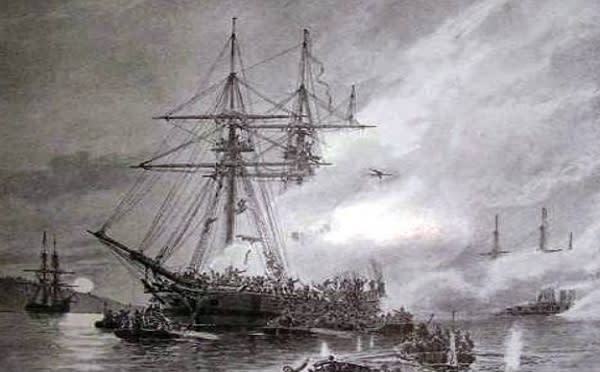 Ilustración de la fragata HMS Styrbjörn  en la que Brita Christina Nilsdotter participó en la guerra ruso-sueca disfrazada de hombre bajo el nombre de Petter Hagberg (imagen vía Wikimedia comons)