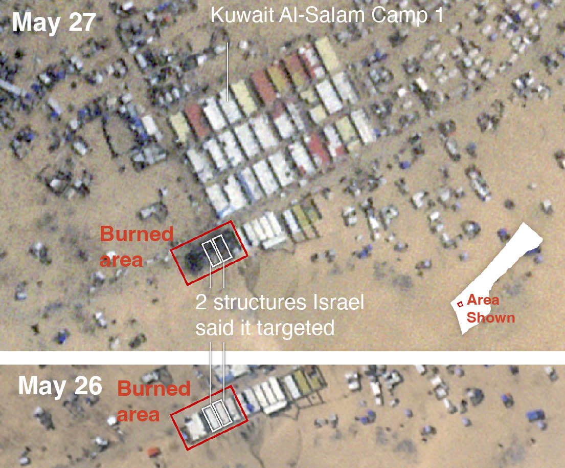 Views of the site of an Israeli strike on May 26 that killed dozens at a camp for displaced Palestinians. International outrage followed the attack.  (Planet Labs via The New York Times) .