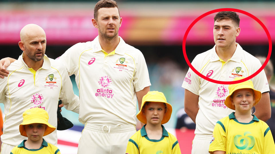 Matt Renshaw, pictured here standing away from his teammates for the national anthem ahead of the third Test at the SCG. 