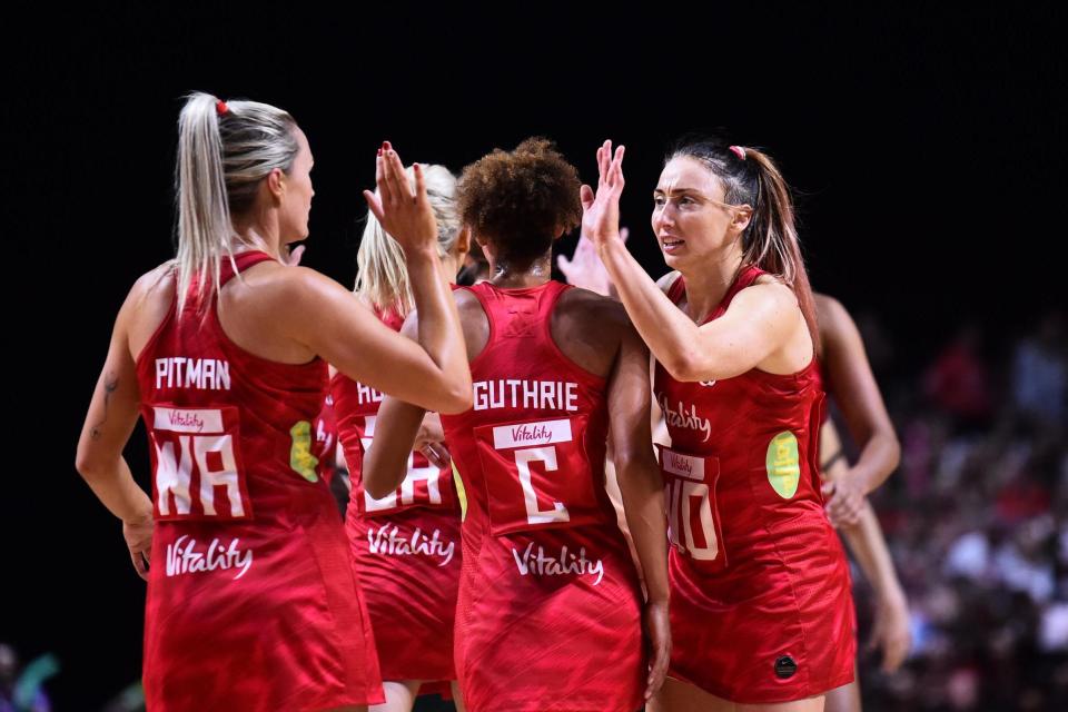 England fired a message to their Netball World Cup rivals with a dominant 58-47 win over fellow title contenders South Africa in their final group game in Liverpool. England's win has set up a semi-final against New Zealand on Saturday, while the South Africans must recover in time to face favourites and triple defending champions Australia. Tracey Neville's team will have few fears over the identity of their future opponents after such a big win over a team that had beaten them in their previous meeting, costing them the Quad Series title in January. Goal shooter Jo Harten finished with 30 goals from 33 attempts, her long-range effort to beat the buzzer at the end of the first quarter bringing the capacity crowd to its feet. The need to win the game in order to avoid the Australians in the last four had been somewhat mitigated by the Diamonds' one-goal win over the New Zealanders earlier.But Neville was clearly determined that her side should made a statement against their fellow unbeaten opponents, not least those who had denied them a second-consecutive major title. England's strongest seven started the match, and were immediately buoyed by the re-appearance in a supporting role of Layla Guscoth, who has undergone surgery on the Achilles she injured earlier in the tournament. Marshalled by Serena Guthrie, England immediately imposed themselves and their opponents' cause was hardly helped by the early exit of captain Bongiwe Msomi, who hobbled off injured after seven minutes.England emerged from a strong opening quarter 19-11 in front, and Harten's accuracy continued through a second quarter in which England extended their lead to 31-20. Starting the second half with an almost-unassailable advantage, Neville could afford to make changes and she introduced Natalie Haythornthwaite in place of Chelsea Pitman at wing attack. There were belated signs of the South Africans stirring and the accuracy of their goal shooter Lenize Potgeiter gave them a glimmer of hope as they reduced the deficit to nine.But strong defending from Geva Mentor stemmed the mini-revival and another long-ranger from Harten saw England pull away again to lead 43-30 at the end of the third. With the game all but won early in the final quarter, the tireless Guthrie's work was done and she was replaced at centre by Natalie Panagarry for the final eight minutes. Harten also made way, her finishing figures barely hinting at the impact she had made in turning a seemingly-difficult fixture into such an easy win.