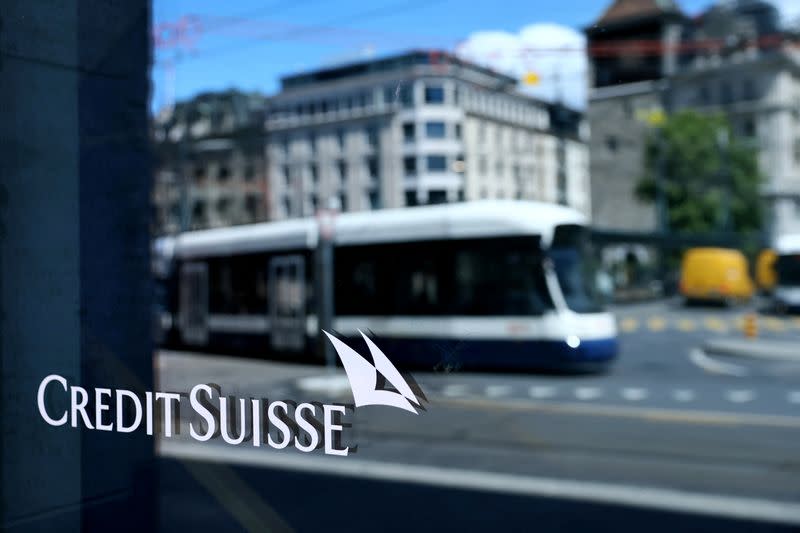 A logo is pictured on the Credit Suisse bank in Geneva,