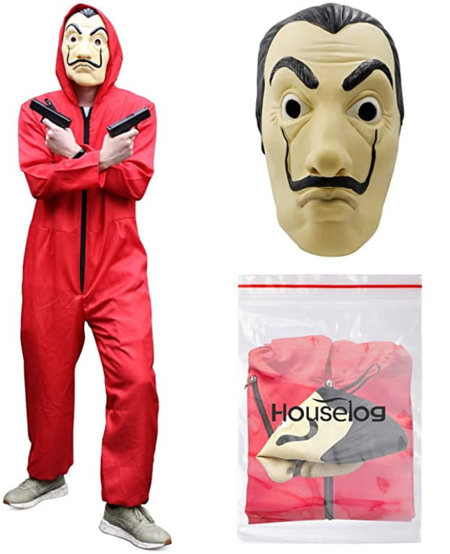 Man wears Houselog Dali La Casa De Papel Cosplay with face mask and jumpsuit