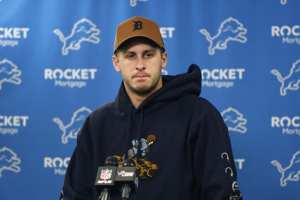 Detroit Lions quarterback Jared Goff addresses the media after an NFL football game against the Green Bay Packers, Thursday, Nov. 23, 2023, in Detroit. (AP Photo/Duane Burleson)