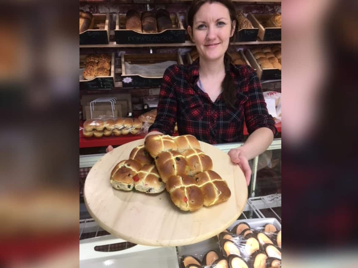 Keri Adshead of Erwin's Fine Baking is pictured in 2018. The hot cross buns at Erwin's Fine Baking in Kamloops, B.C., are a seasonal favourite for locals. (Shelley Joyce/CBC - image credit)