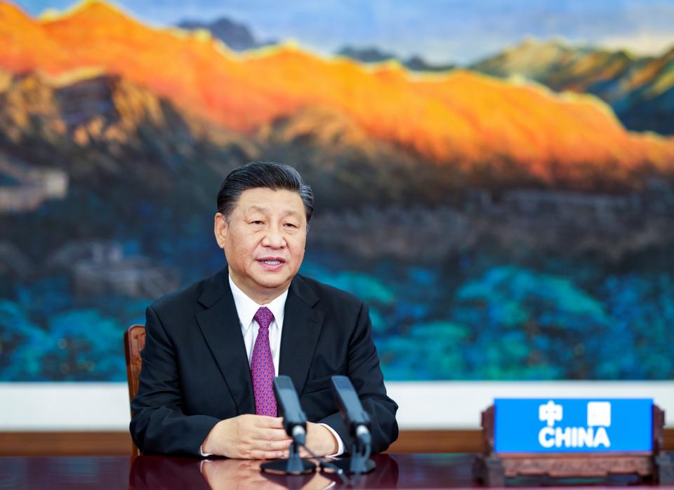 Chinese President Xi Jinping addresses the Informal Economic Leaders' Retreat of the Asia-Pacific Economic Cooperation APEC via video link in Beijing, capital of China, July 16, 2021. (Photo by Li Xueren/Xinhua via Getty Images)