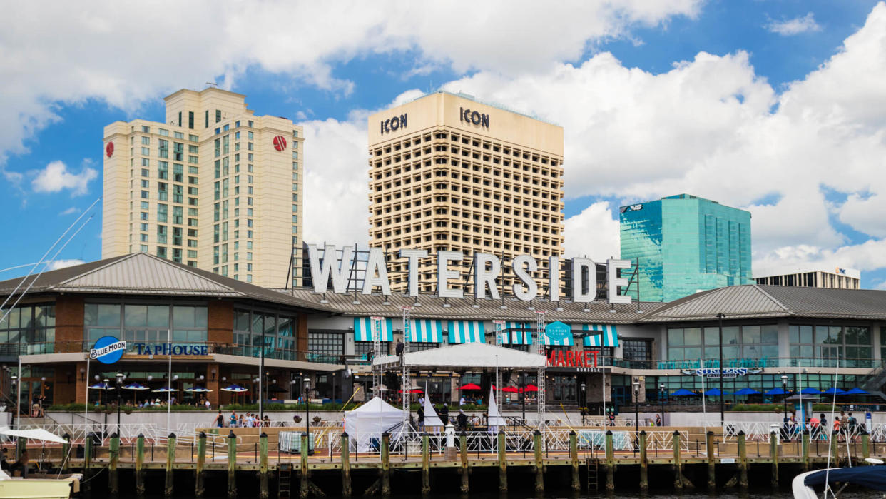 NORFOLK, VIRGINIA, USA – MAY 27, 2018: Norfolk's Waterside District, a dining and entertainment area along the city's waterfront.
