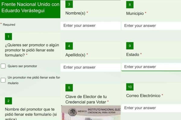 Formulario con el que el partido México Republicano suma promotores de la candidatura independiente de Eduardo Verástegui